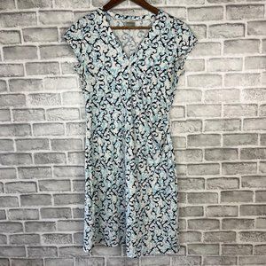 Athleta Faux Wrap Vine Scroll Nectar Athletic Dress Small White Blue Short Sleev